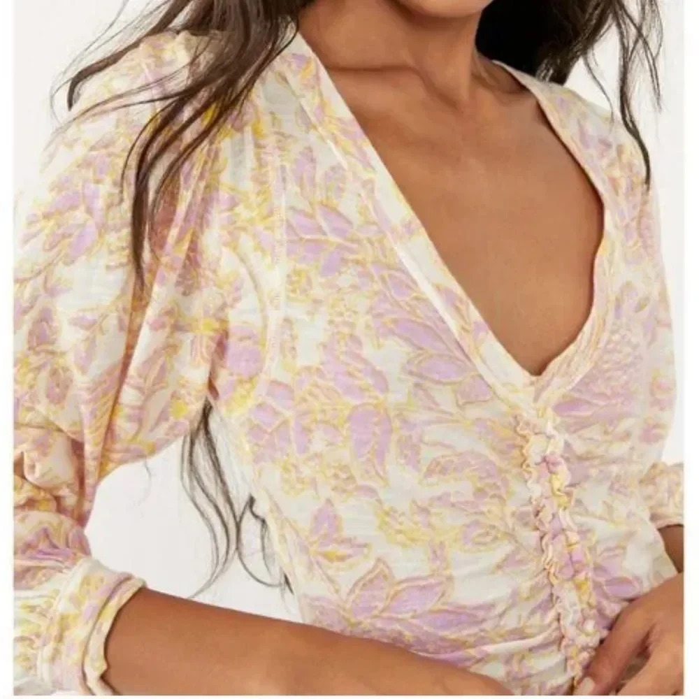 Free People Say The Word Ivory Combo XS long sleeve pink shirt blouse NWT $78 - Picture 3 of 8